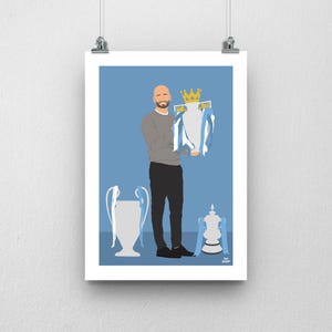 May include: A digital illustration of a man holding a silver trophy with a gold crown on top. The trophy has a blue and white ribbon. The man is wearing a gray sweater and blue jeans. There are two other trophies in the background, one silver and one gold.