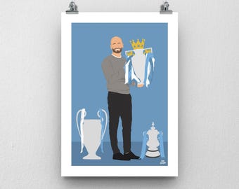 Pep Guardiola Treble Print Man City - Football Poster Champions League Trophy