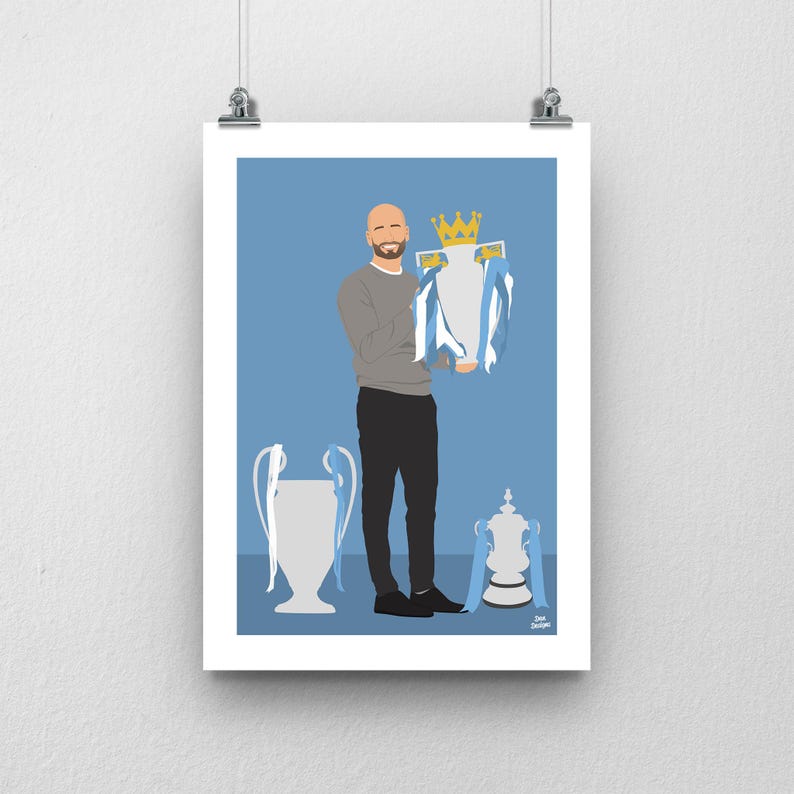 May include: A digital illustration of a man holding a silver trophy with a gold crown on top. The trophy has a blue and white ribbon. The man is wearing a gray sweater and blue jeans. There are two other trophies in the background, one silver and one gold.