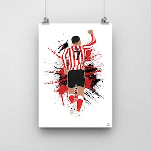 Può includere: Un'illustrazione digitale di un calciatore che indossa una maglia a strisce rosse e bianche con il numero 7 e il nome "JOBE" sul retro. Il giocatore sta festeggiando un gol con il braccio alzato in aria. Lo sfondo è un motivo a spruzzo rosso, bianco e nero.