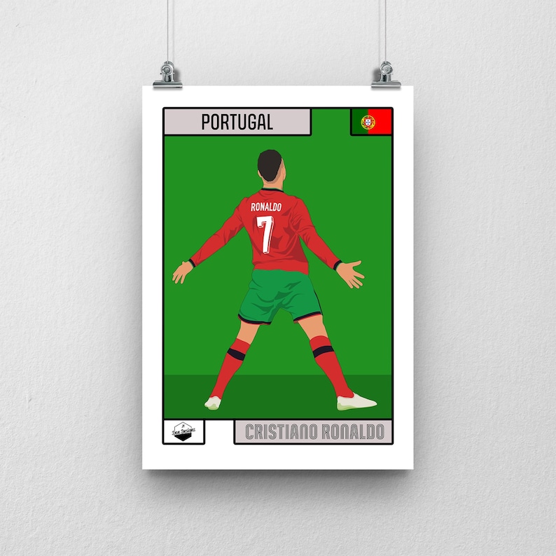 May include: A vertical poster featuring a stylized illustration of a soccer player in a red jersey with the name RONALDO and number 7 on the back, green shorts, and red socks. The text PORTUGAL and CRISTIANO RONALDO appears with the Portugal flag.