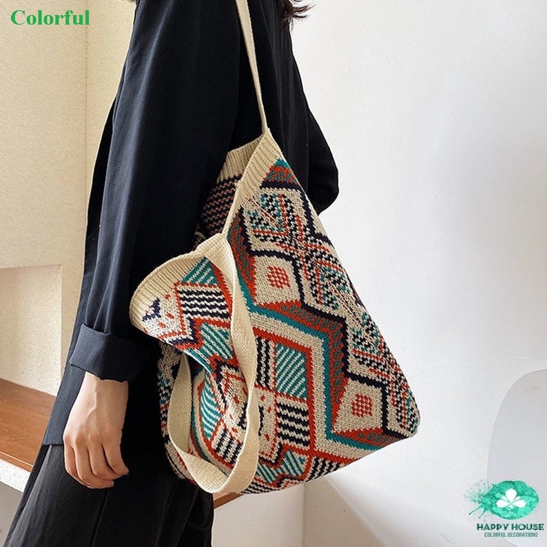 Women Knitting Bohemian Boho Tote Bag Women Crochet Casual HandBag