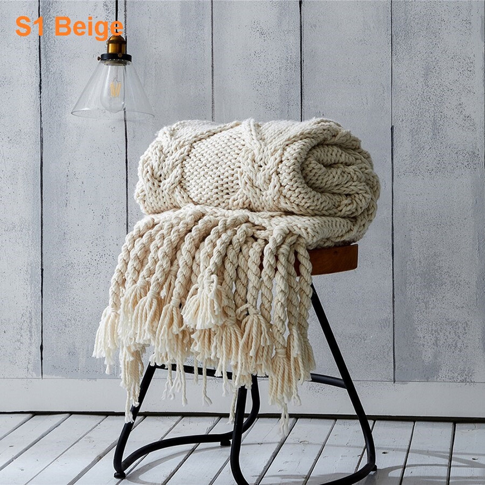 Chunky Knit Blanket / Beige Soft Tassel Plaid Weight Blanket Etsy