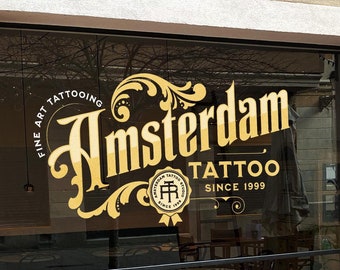 Custom Window Decal for Tattoo Studios, Tattoo Shop Custom Decal, Elegant Vintage Style Storefront Sticker, Personalized Vinyl Sign Logo