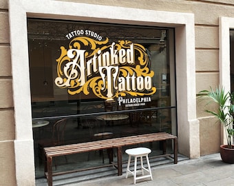 Custom Window Decal for Tattoo Studios – Elegant Vintage Style Storefront Sticker, Personalized Vinyl Sign with Business Name & Logo