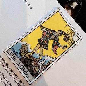 Pu&ograve; includere: Una carta dei tarocchi rettangolare intitolata THE FOOL che raffigura una figura in tunica floreale in piedi su una scogliera con un piccolo cane bianco, su uno sfondo giallo brillante con un sole, stampata su un foglio di carta bianco con il testo June 2026 Tarot Card.