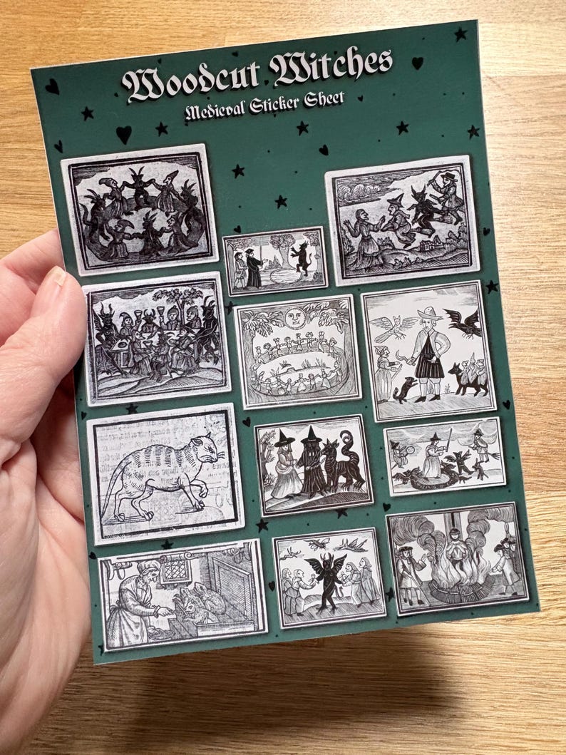 Woodcut Witches Sticker Sheet – Medieval Witchcraft Illustration Stickers | Historic Witchy Gift image 5