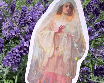 Victorian Crystal Ball Sticker | Pre-Raphaelite Woman Art, Cottagecore Mystical Vinyl