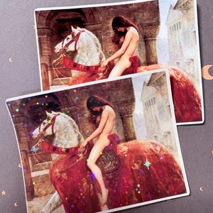 May include: Two stickers featuring a classical painting of a nude person riding a white horse with red accents. The stickers have a holographic finish with star-shaped sparkles.