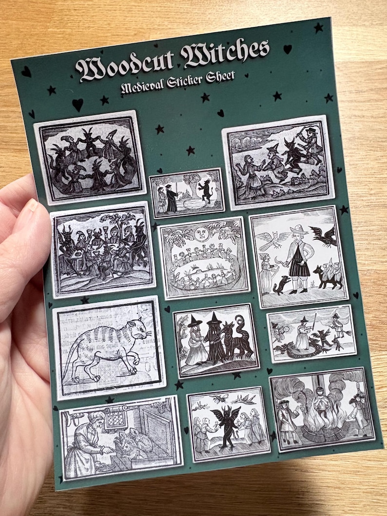 Woodcut Witches Sticker Sheet – Medieval Witchcraft Illustration Stickers | Historic Witchy Gift image 8
