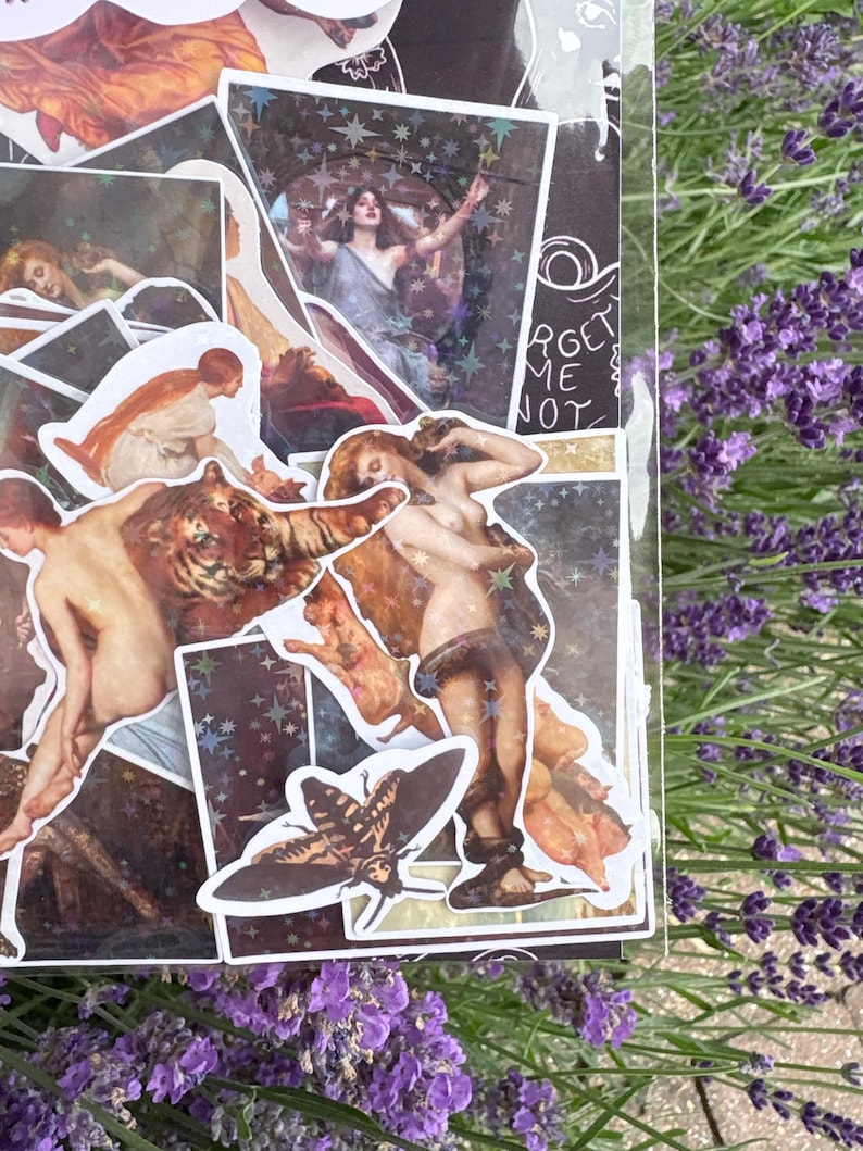 Puede incluir: Una colecci&oacute;n de pegatinas troqueladas con reproducciones de arte cl&aacute;sico, incluyendo figuras, un tigre y una polilla, superpuestas sobre un fondo oscuro con patrones de estrellas y el texto "FORGET ME NOT" en letras blancas.