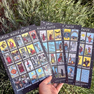 Könnte beinhalten: Drei schwarze, rechteckige Tarot-Referenzblätter mit dem Text Smith Waite tarot und little firelight. Jedes Blatt zeigt ein Raster aus farbenfrohen, illustrierten Tarotkarten mit verschiedenen Figuren, Symbolen und Szenen im klassischen Stil.