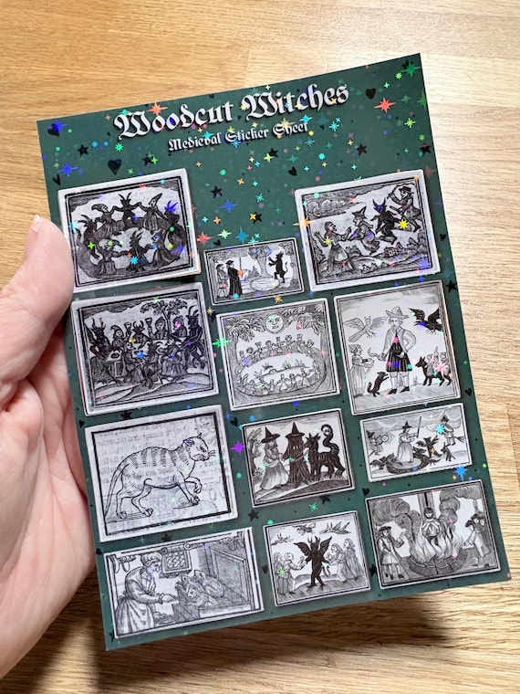 Woodcut Witches Sticker Sheet – Medieval Witchcraft Illustration Stickers | Historic Witchy Gift
