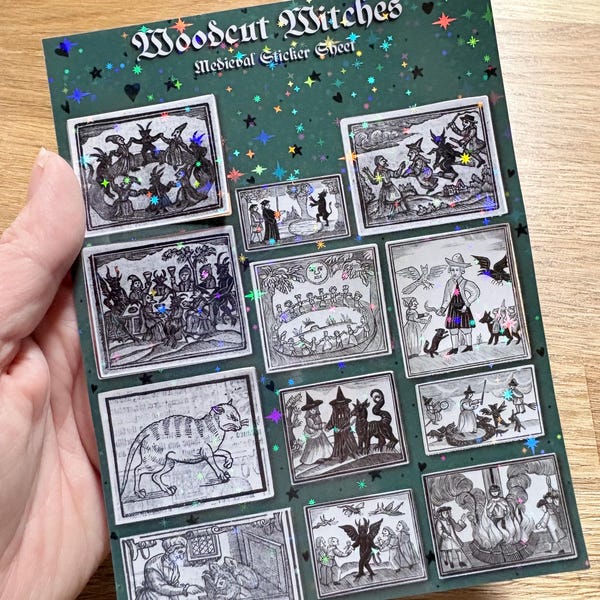 Woodcut Witches Sticker Sheet – Medieval Witchcraft Illustration Stickers | Historic Witchy Gift