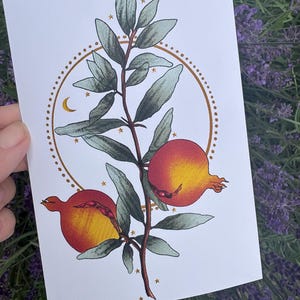 Pu&ograve; includere: Una stampa artistica rettangolare su carta bianca con un'illustrazione centrale di un ramo di melograno con due frutti maturi rossi e gialli e foglie verdi. Un cerchio dorato punteggiato circonda il ramo, accentato da piccole stelle e luna.
