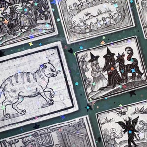 May include: A sticker sheet featuring multiple rectangular black and white illustrations with a holographic star overlay. The designs depict various scenes including a cat, figures in a circle, a person with a horned creature, and a winged demon.
