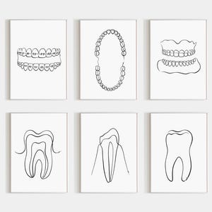 Dental Wall Art Print Set Of 8, Minimalist Tooth Line Drawings, Teeth Health Illustration, Dentistry Graphic (Digital Download)