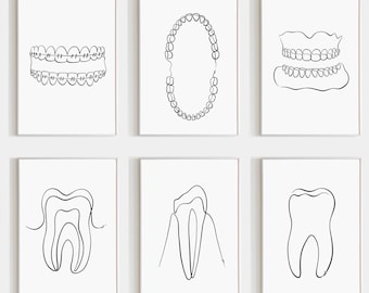 Dental Wall Art Print set van 8, minimalistische tandlijntekeningen, tanden gezondheid illustratie, tandheelkunde afbeelding (digitale download)