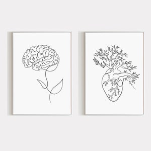 Art coeur et cerveau imprimable, 2 oeuvres d'art mural, art abstrait de l'anatomie humaine, art médical, art coeur cerveau, dessin au trait cerveau, cerveau anamotique