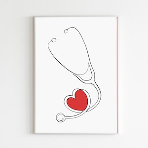 Stethoscope Heart Art Print, Nurse Wall Decor Digital Download, Medical Office Decoration, Minimalist Cardiac Line Drawing Printable Design