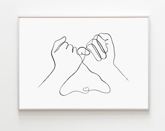 Romantic couple pinky promise line art, pinky swear contour drawings,  minimalist lovers holding hands one line drawing, Doodle flower on  watercolor