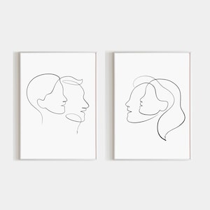 母娘と父息子のアートプリント2枚セット、ミニマリストの親子の線画プリント、親子の壁飾り、モダンなシルエットアート