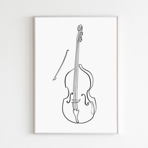 May include: A minimalist black and white line drawing of a double bass and bow. The instrument is depicted with graceful curves and fine lines, showcasing its distinctive shape. The bow is positioned to the left of the bass.