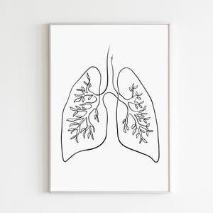 以下が含まれることがあります： フレームに入ったミニマリストアートプリント。黒い線で描かれた肺の連続線画が特徴です。肺の構造は葉のような模様で埋められています。白い背景に、明るい色のフレームで額装されています。