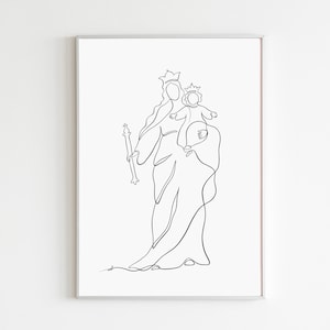 Jungfrau Maria und Jesuskind Linie Kunst, moderne christliche Wanddekoration, katholische Kunstdruck, digitaler Download