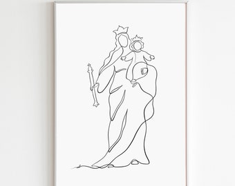 Virgin Mary and Baby Jesus Line Art, Modern Christian Wall Decor, Catholic Art Print, Digital Download