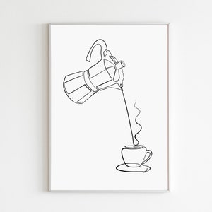 Moka Pot Art Print, Coffee Poster, Coffeemaker And Expresso Cup Printable Kitchen Wall Art, Espresso Maker One Line Drawing