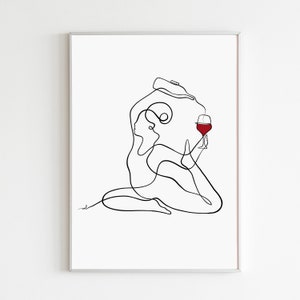 Wein Yoga Print Weinglas Wandkunst Yoga Posen Poster Wein Kunstdruck Yoga Line Art Yoga Wein Kunst Rotwein Print