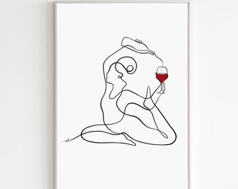 Wine Yoga Print Wine Glass Wall Art Yoga Poses Poster Wine Art Print Yoga Line Art Yoga Wine Art Red Wine Print