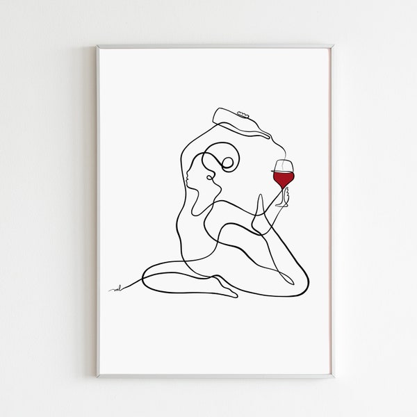 Wine Yoga Print Wine Glass Wall Art Yoga Poses Poster Wine Art Print Yoga Line Art Yoga Wine Art Red Wine Print