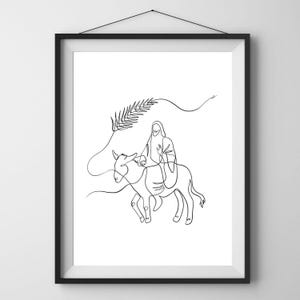 Puede incluir: Un dibujo en blanco y negro de una persona montando un burro con una rama de palma sobre ellos.