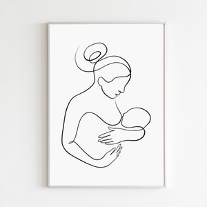 Breastfeeding Art Print, Mother And Baby Line Art, New Mom With Baby Art Printable, One Line Drawing Poster