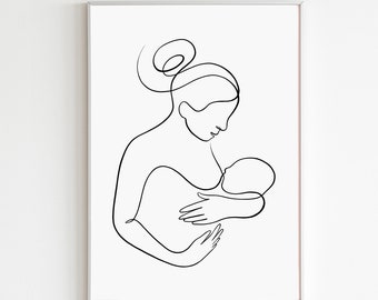 Breastfeeding Art Print, Mother And Baby Line Art, New Mom With Baby Art Printable, One Line Drawing Poster