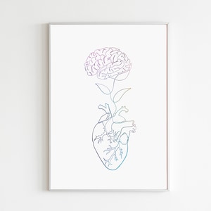 Brain And Heart Watercolor Art Print, Colorful Brain Print, Abstract heart brain poster, Human anatomy watercolor art, Brain anatomy art