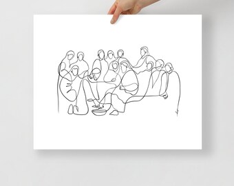 Jesus Washing Disciple Feet Poster, Catholic Abstract Art, Jesus Christ Line Art, Foot Washing Art Print, Faceless Catholic Art