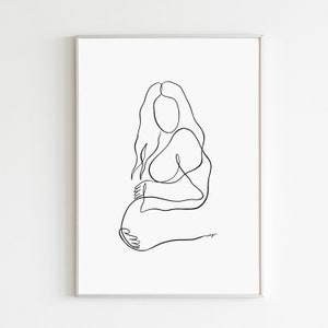 Impresión artística de embarazo, dibujo minimalista de una sola línea de mujer embarazada, póster abstracto del cuerpo femenino, ilustración digital de pared de una partera, maternidad