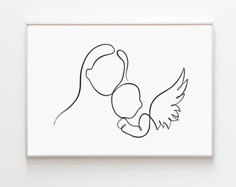 Angel Baby Line Art, Loss of Baby Gift for Child Loss Art Miscarriage Gift, Angel Portrait Memorial Sympathy Art Printable Baby Remembarance