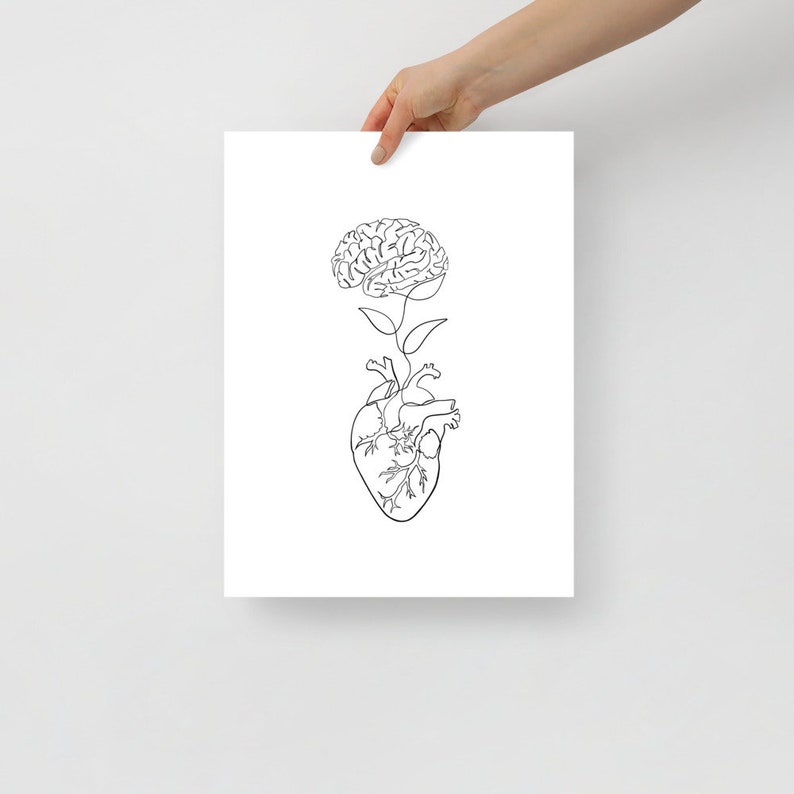 May include: A black and white line drawing of a brain growing from a heart. The brain is styled as a flower with leaves.