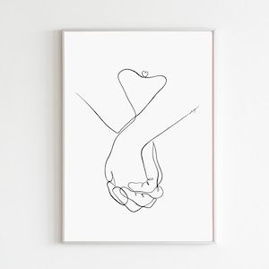 Impresión de arte lineal de pareja de manos tomadas, póster sensual de arte de pareja minimalista, regalo de aniversario de 1 año para novio