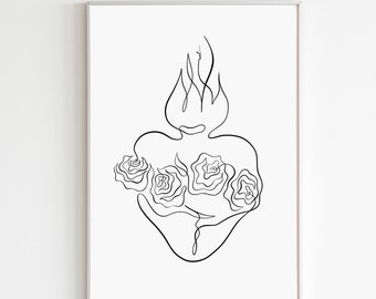 Sacred Heart Art Print, Immaculate Heart Of Mary Art, Catholic Line Art, Modern Christian Art, Hail Mary Art, Catholic Art, LDS Print