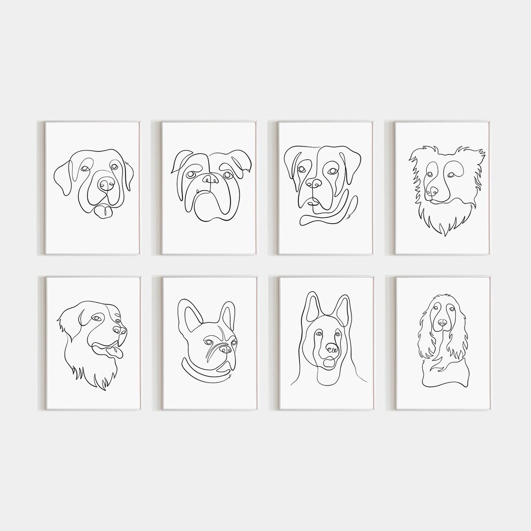 Dog Breed Wall Print Set of 8, Minimalist Dogs One Line Drawing Poster ...