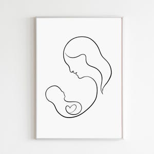 Impresión artística minimalista de madre e hijo, dibujo maternoinfantil en blanco y negro, póster con ilustración de contorno para padre e hijo, decoración de pared con contornos