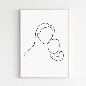 Arte de linha mãe e bebê para impressão, decoração de parede minimalista para o dia das mães, impressão materno-infantil em preto e branco, contorno contínuo para pais e recém-nascidos