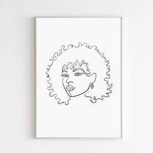 Afro Woman Art Print, Curly Girl Artwork Digital Download, Minimal Black African American Female Portrait, Single Line Drawing Wall Decor