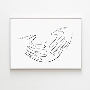 Minimalistische Schwangerschaftsankündigungskunst, One Line Zeichnung Babybauch, Eltern geben Hände auf Bauchdruck, moderne digitale Mutterschaftswandillustration frei