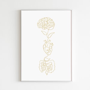 Op de afbeelding: Een ingelijste print met een gouden lijntekening van de hersenen, het hart en de darmen, verbonden door een stengelachtig ontwerp. Het kunstwerk is geplaatst tegen een witte achtergrond, wat een minimalistische esthetiek creëert. De print is ingelijst in een zilveren lijst.